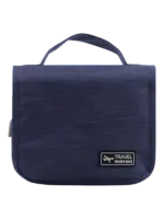 Piccola borsa da toilette da viaggio sospesa con scomparti, blu, piegata, vista frontale Piccola borsa da toilette da viaggio sospesa con scomparti, blu, piegata, vista frontale