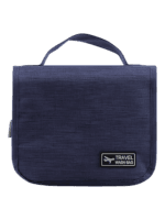 Piccola borsa da toilette da viaggio sospesa con scomparti, blu, piegata, vista frontale Piccola borsa da toilette da viaggio sospesa con scomparti, blu, piegata, vista frontale