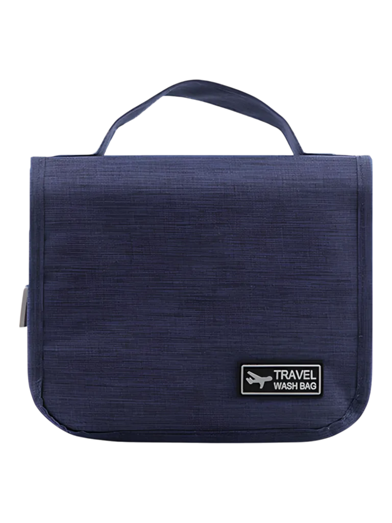 Small travel toiletry bag with compartments, blue, folded, front view