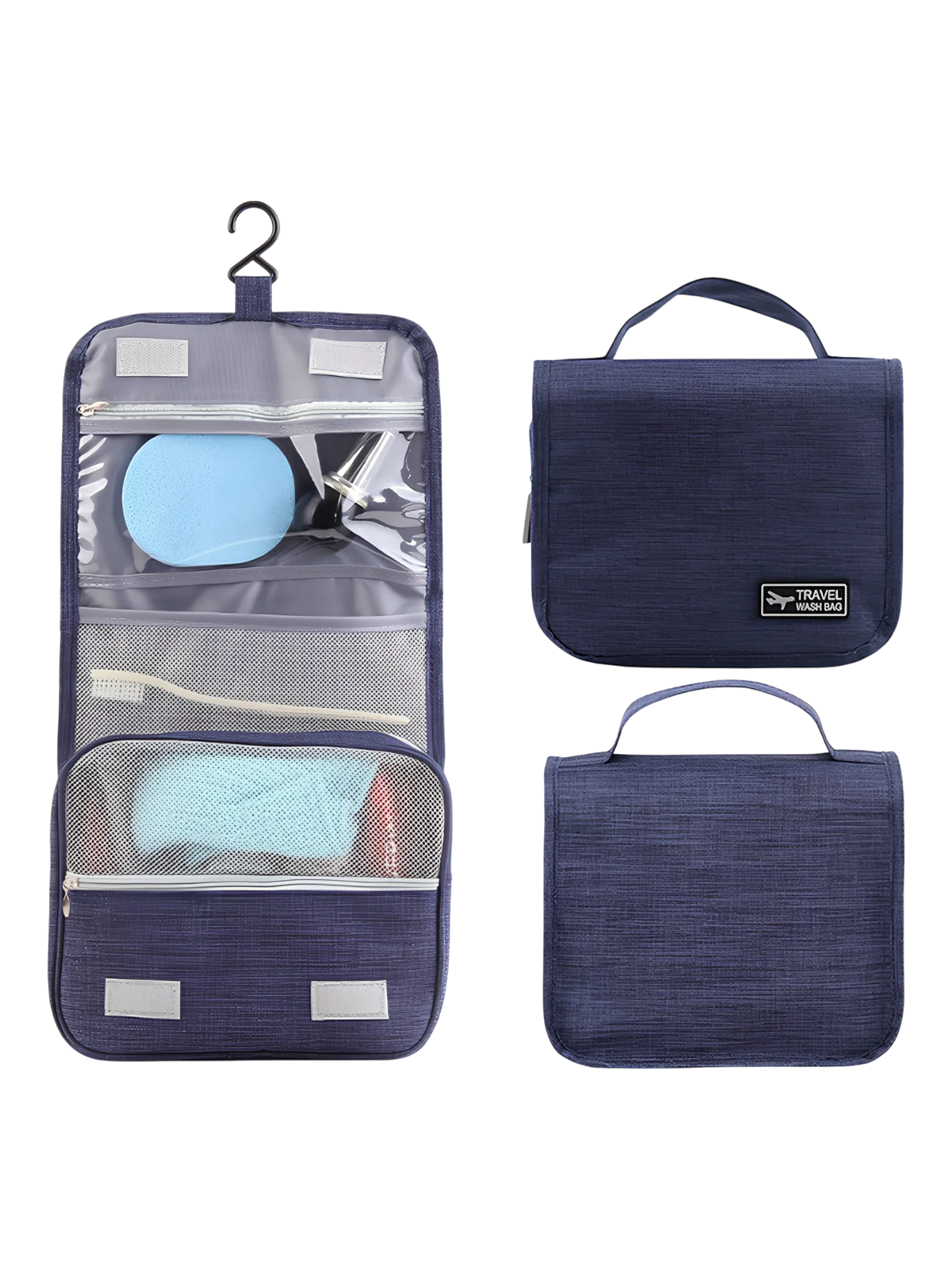Small hanging travel toiletry bag with compartments, blue