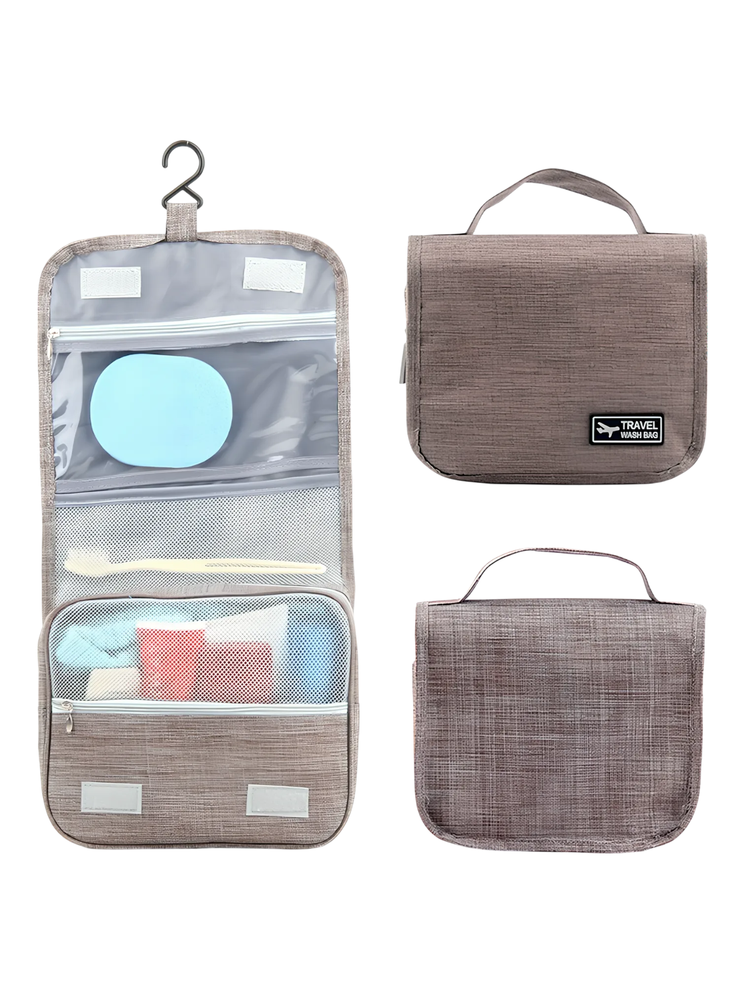 Small hanging travel toiletry bag with compartments, grey