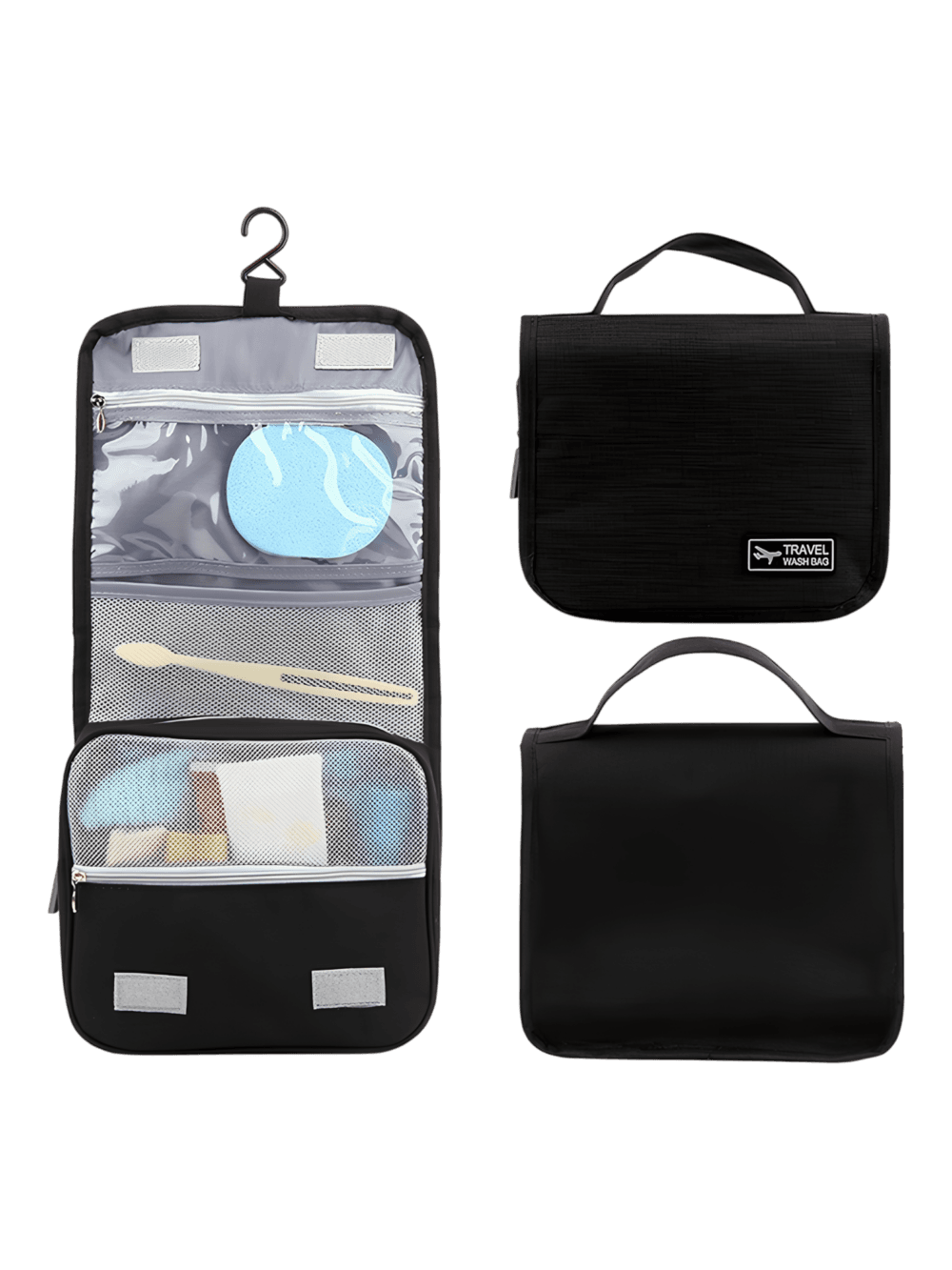 Small travel toiletry bag to hang with compartments in black Small travel toiletry bag to hang with compartments in black