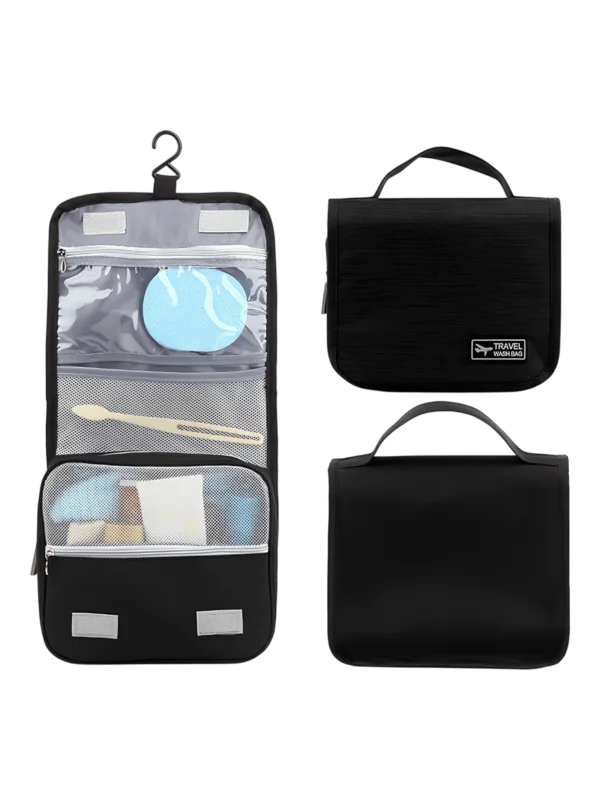 Small travel toiletry bag to hang with compartments in black