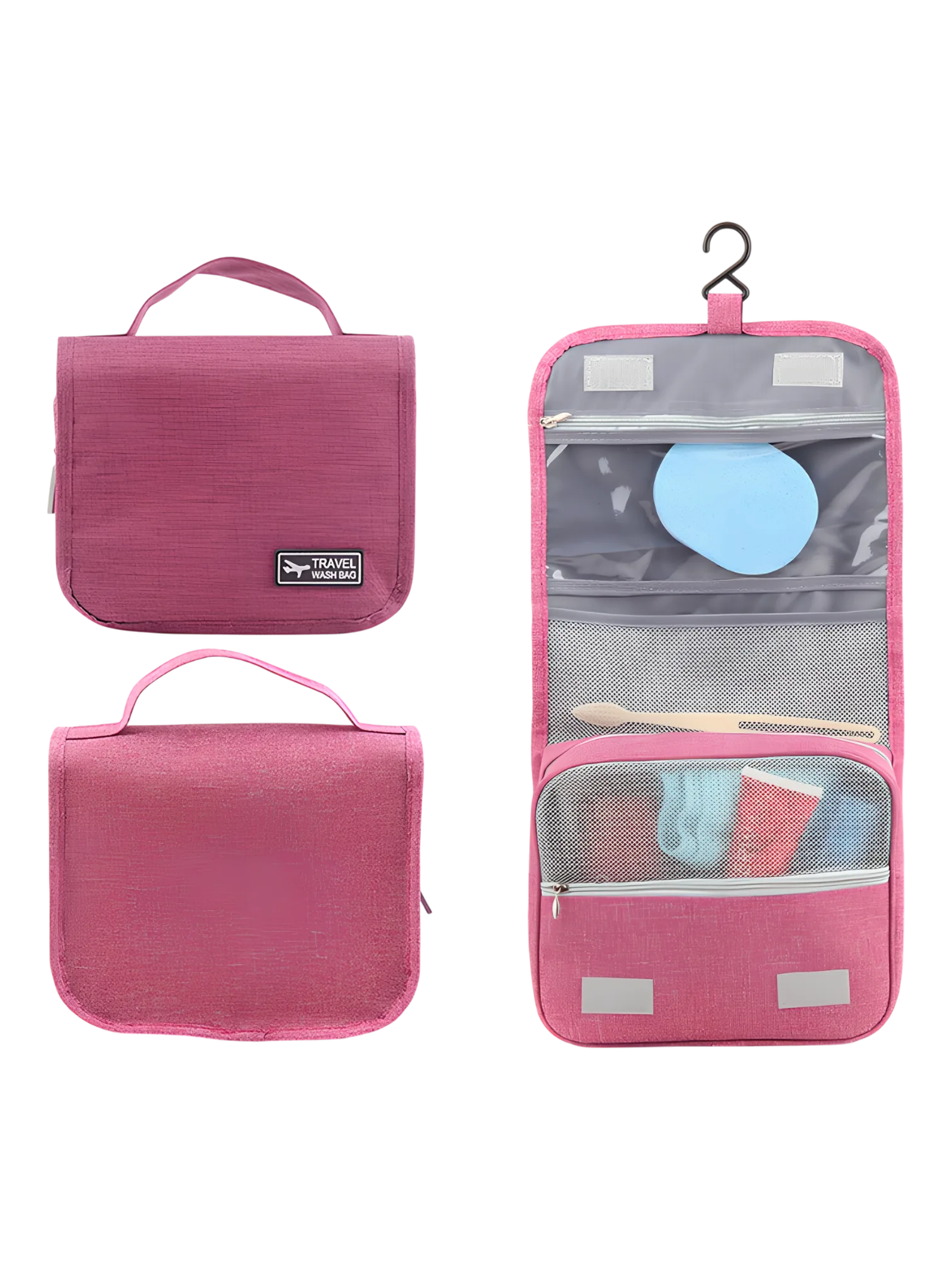 Small travel toiletry bag to hang with compartments pink color