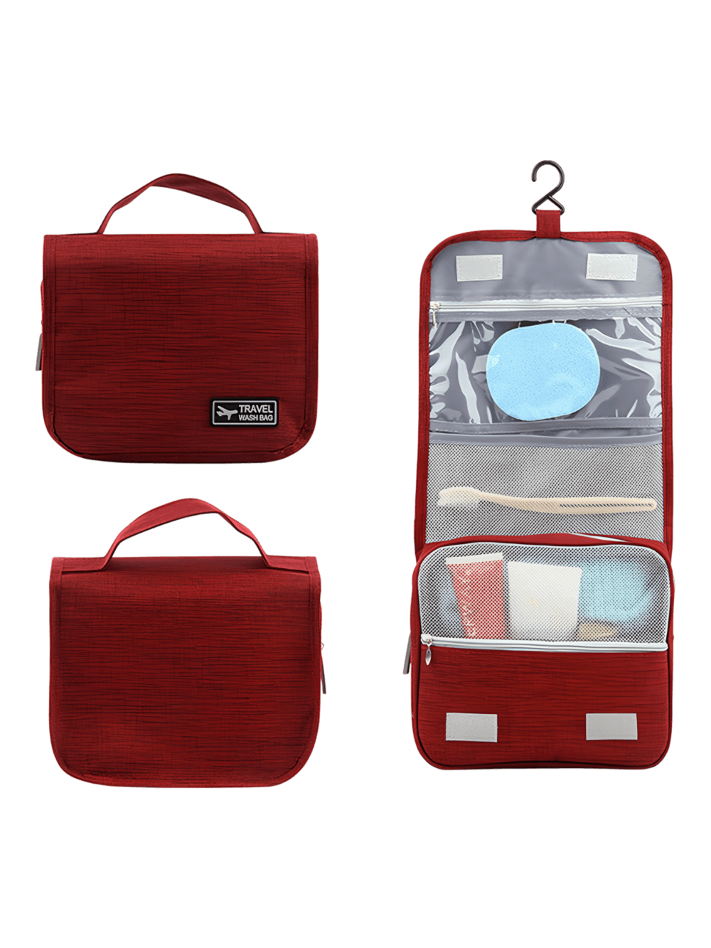 Petite trousse de toilette voyage à suspendre avec compartiments coloris rouge