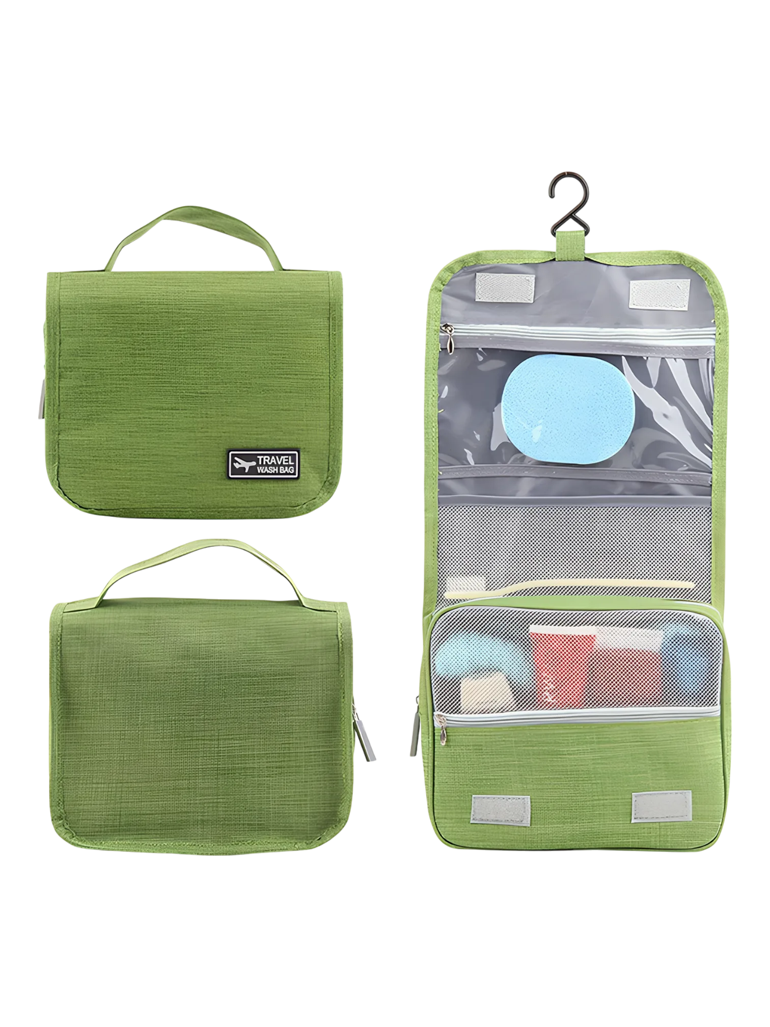 Small hanging travel toiletry bag with compartments, green