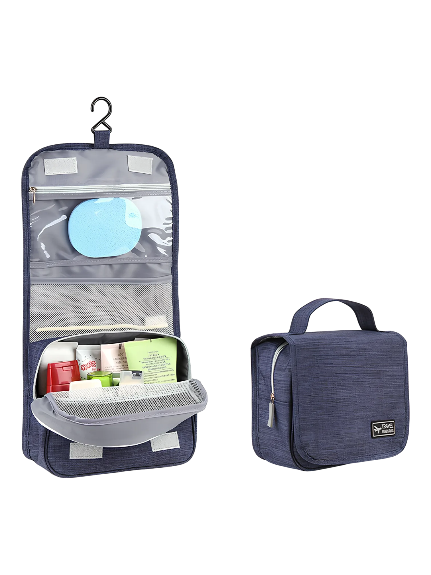 Small travel toiletry bag to hang with compartments presentation blue color