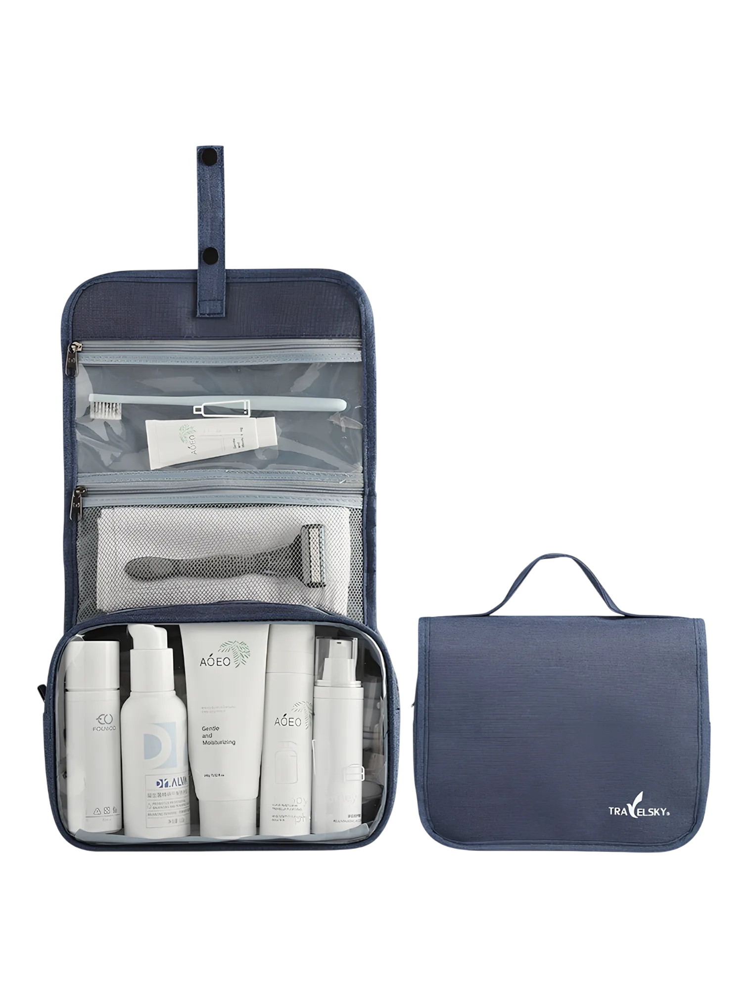 Trousse de toilette à suspendre bouton pression modèle bleu