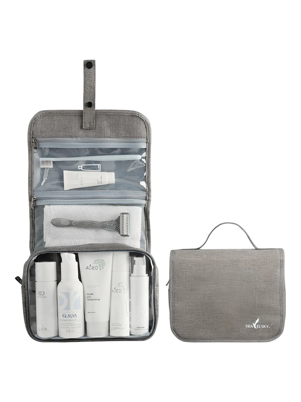 Trousse de toilette à suspendre bouton pression modèle gris Trousse de toilette à suspendre bouton pression modèle gris