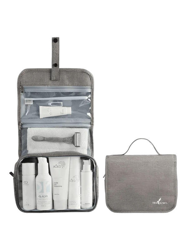 Trousse de toilette à suspendre bouton pression modèle gris Trousse de toilette à suspendre bouton pression modèle gris