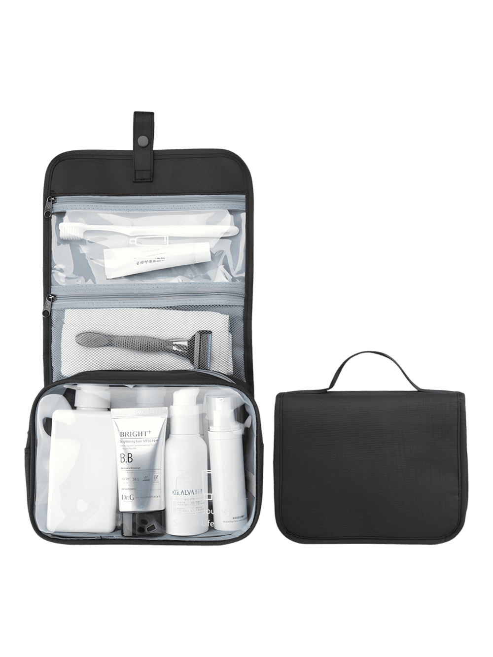 Hanging toiletry bag with snap fastener, black model Hanging toiletry bag with snap fastener, black model