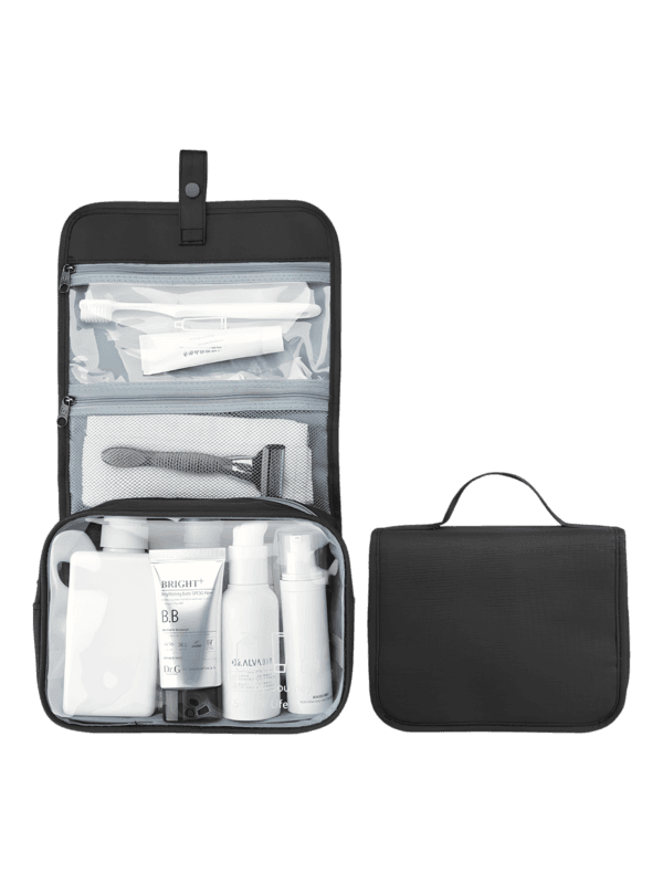 Hanging toiletry bag with snap fastener, black model