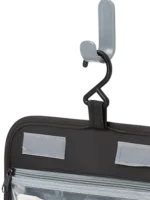 Solid color hanging toiletry bag with compartments and hook details Solid color hanging toiletry bag with compartments and hook details