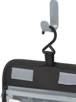 Solid color hanging toiletry bag with compartments and hook details Solid color hanging toiletry bag with compartments and hook details