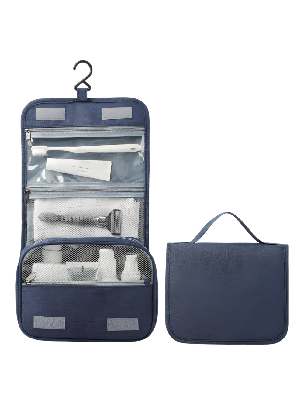 Solid color hanging toiletry bag with compartments, blue model Solid color hanging toiletry bag with compartments, blue model