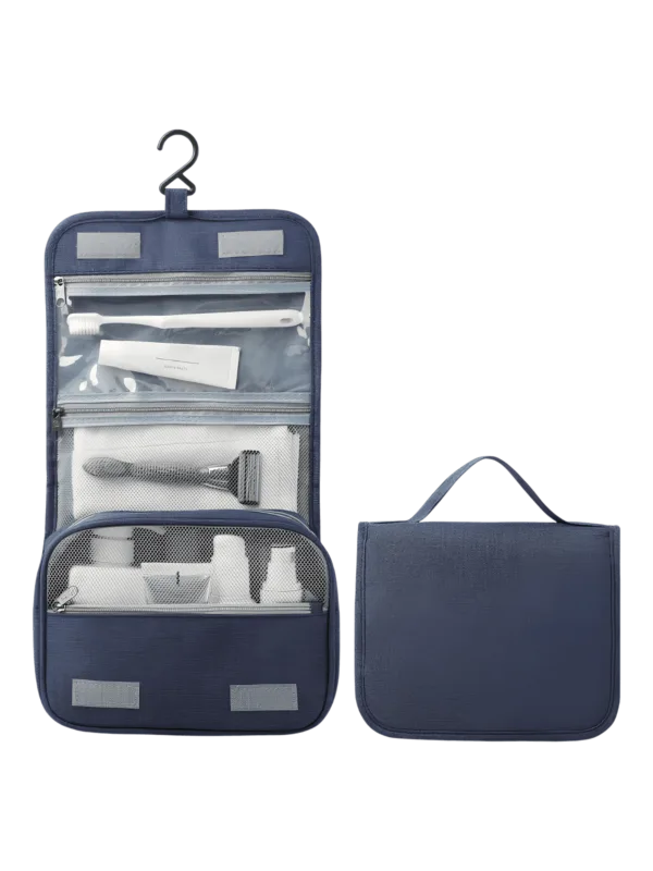 Solid color hanging toiletry bag with compartments, blue model
