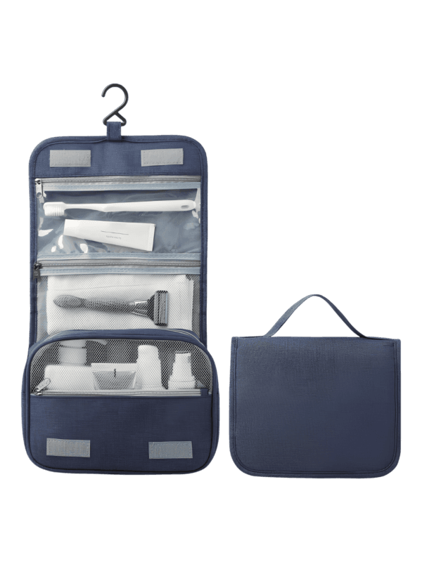 Necesario de viaje para colgar, color liso con compartimentos, modelo azul