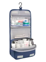 Hanging toiletry bag solid color with compartments blue model presentation picture Hanging toiletry bag solid color with compartments blue model presentation picture