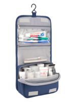 Hanging toiletry bag solid color with compartments blue model presentation picture Hanging toiletry bag solid color with compartments blue model presentation picture