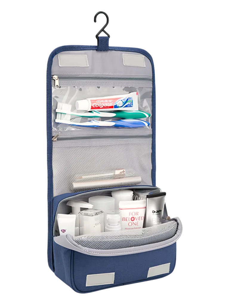 Trousse de toilette à suspendre couleur unie avec compartiments modèle bleu photo de présentation