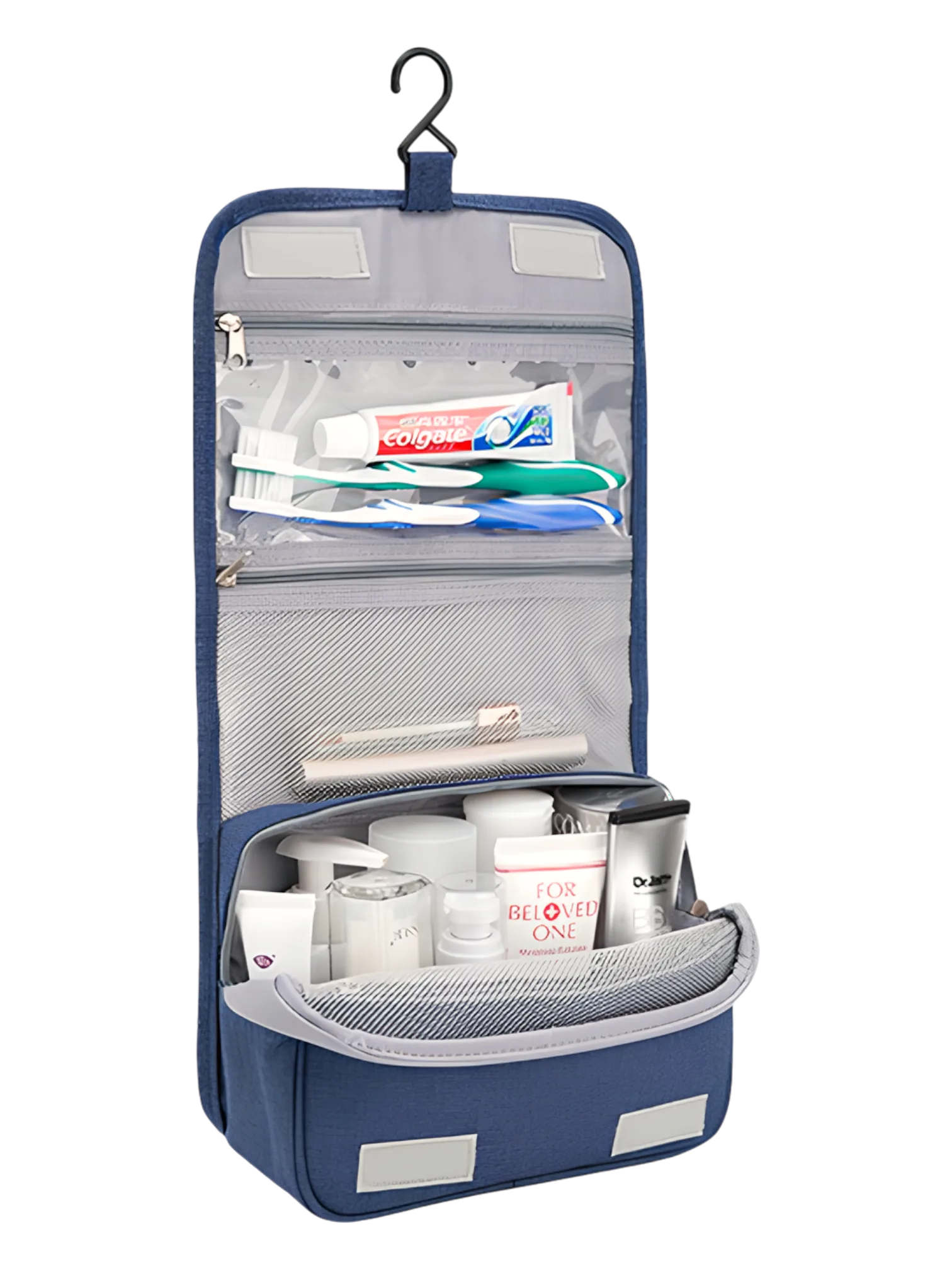 Trousse de toilette à suspendre couleur unie avec compartiments modèle bleu photo de présentation