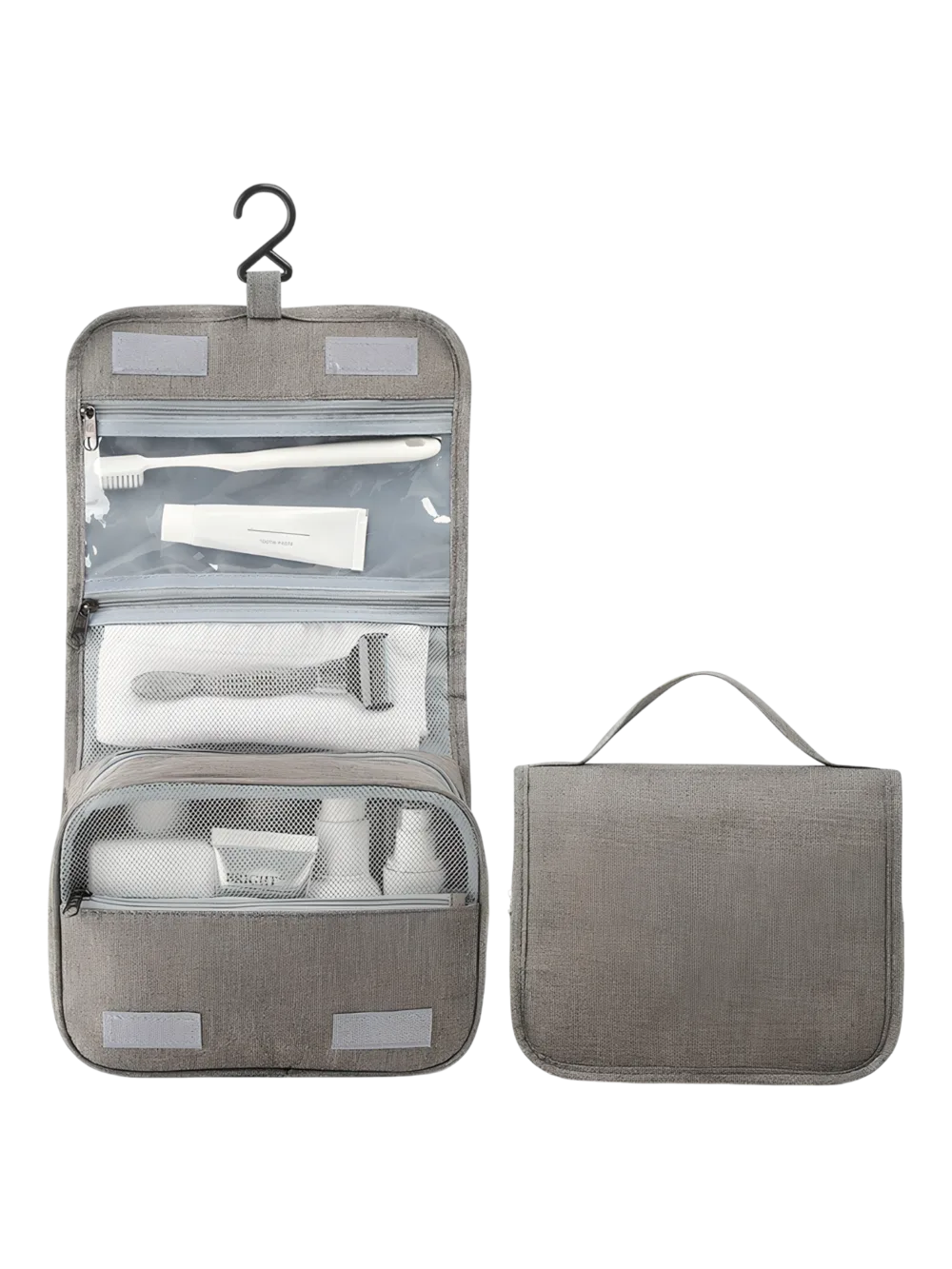 Enfärgad hängande toalettväska med fack, grå modell Enfärgad hängande toalettväska med fack, grå modell