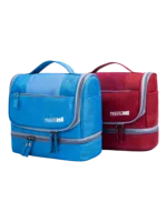 Práctico neceser con varios compartimentos para colgar en una gama de colores rojo y azul Práctico neceser con varios compartimentos para colgar en una gama de colores rojo y azul