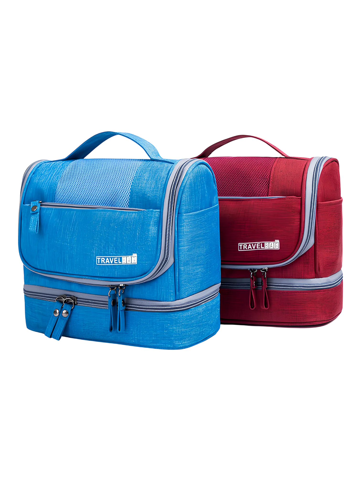 Trousse de toilette multi compartiments pratique à suspendre plusieurs coloris modèle rouge et bleu