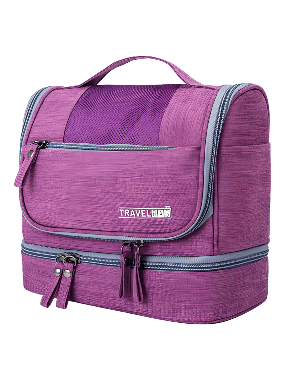 Prático saco de toilette com vários compartimentos para pendurar numa gama de cores, modelo roxo Prático saco de toilette com vários compartimentos para pendurar numa gama de cores, modelo roxo