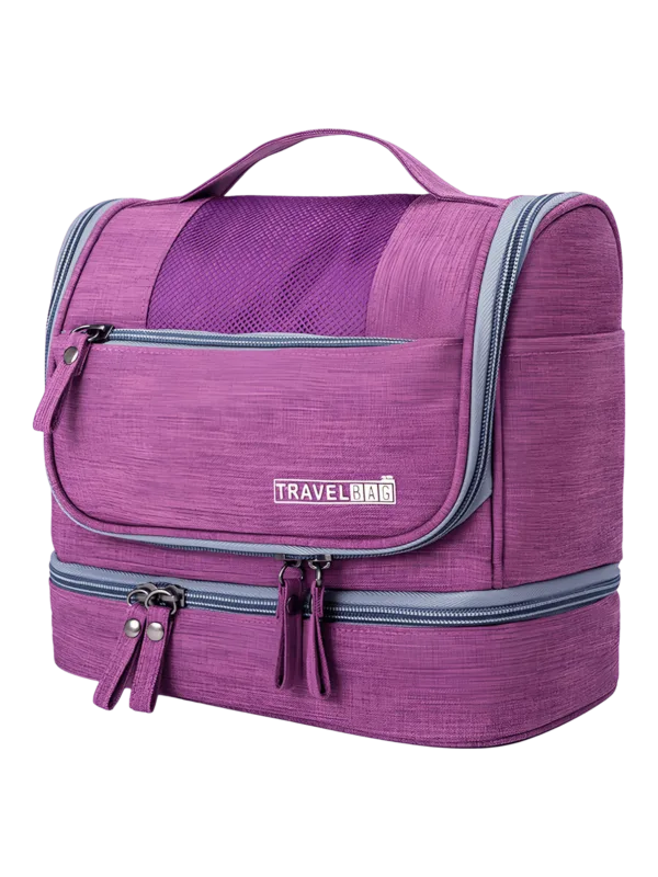 Prático saco de toilette com vários compartimentos para pendurar numa gama de cores, modelo roxo