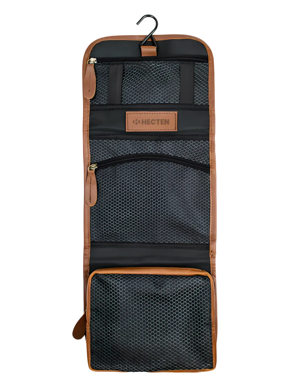 Foldable brown leather toiletry bag for hanging Foldable brown leather toiletry bag for hanging