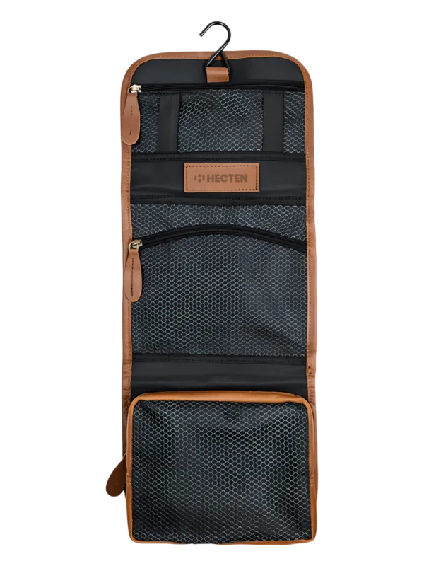 Foldable brown leather toiletry bag for hanging