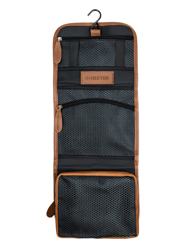 Foldable brown leather toiletry bag for hanging
