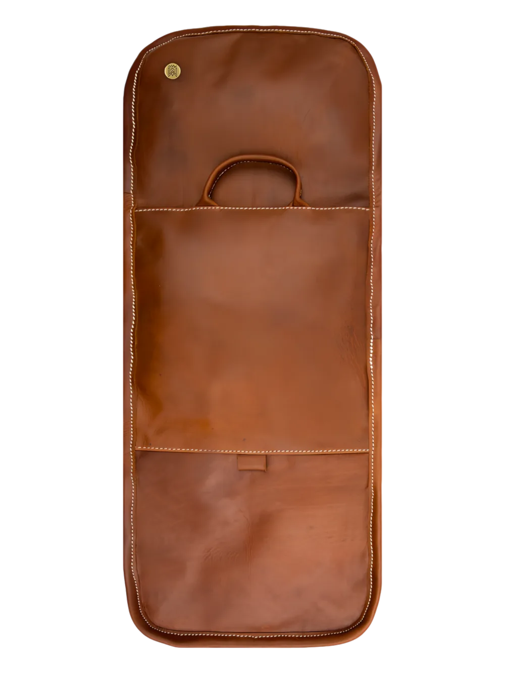 Bolsa de casa de banho dobrável em couro castanho para pendurar, desdobrada, vista traseira Bolsa de casa de banho dobrável em couro castanho para pendurar, desdobrada, vista traseira