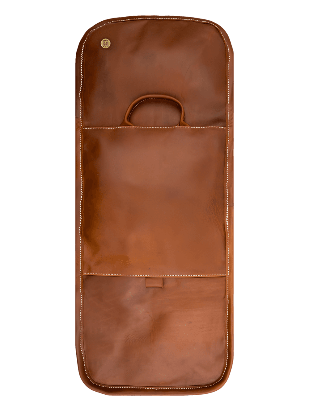 Bolsa de casa de banho dobrável em couro castanho para pendurar, desdobrada, vista traseira Bolsa de casa de banho dobrável em couro castanho para pendurar, desdobrada, vista traseira