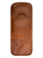 Borsa da toilette pieghevole in pelle marrone da appendere non piegata vista posteriore Borsa da toilette pieghevole in pelle marrone da appendere non piegata vista posteriore