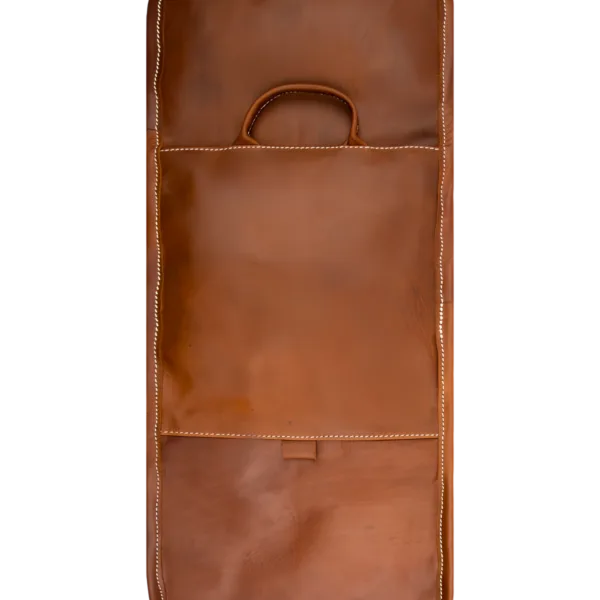 Trousse de toilette pliable à suspendre en cuir marron dépliée vue arrière