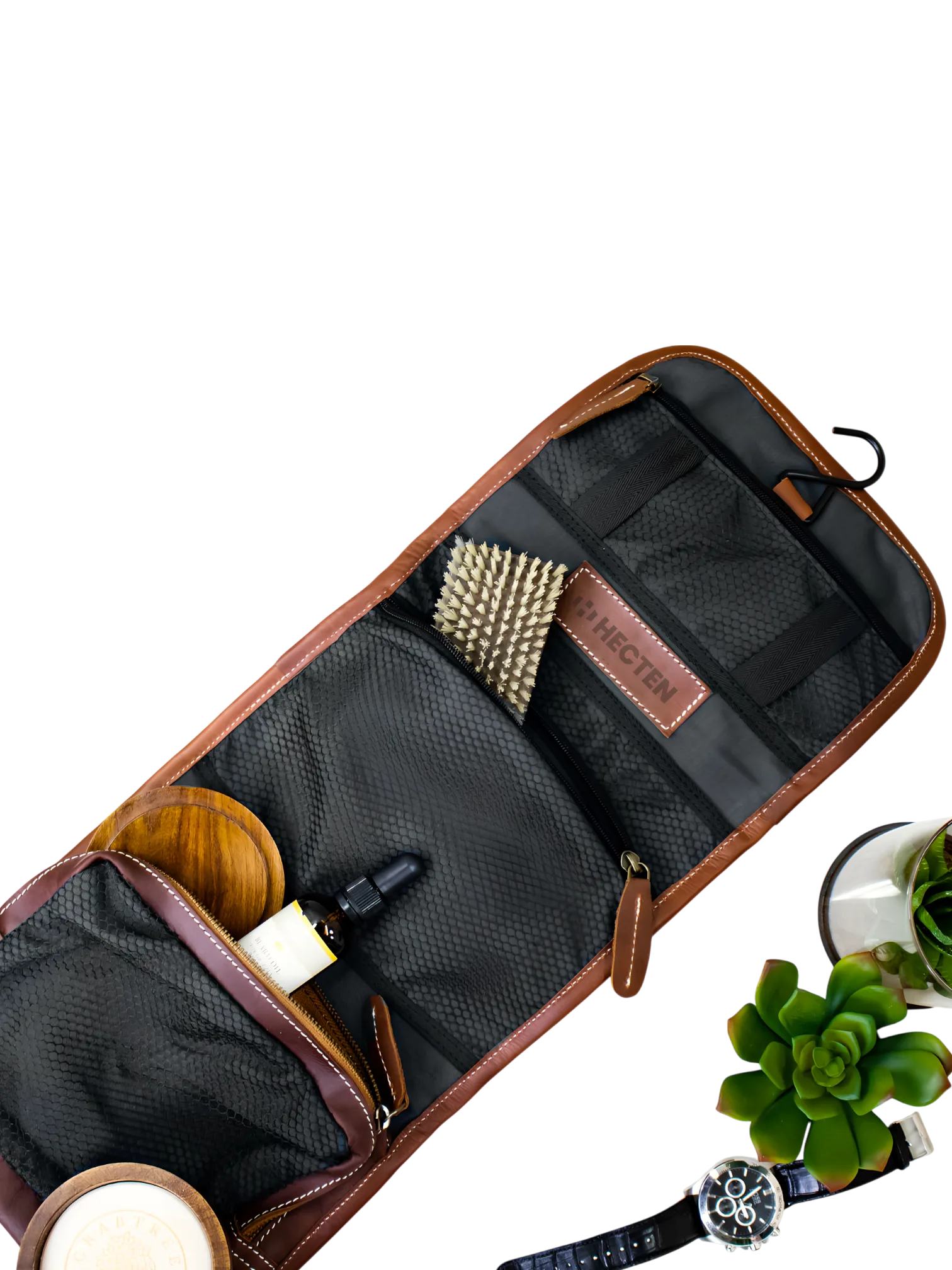 Trousse de toilette pliable à suspendre en cuir marron image de présentation