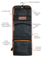 Trousse de toilette pliable à suspendre en cuir marron présentation fléchée Trousse de toilette pliable à suspendre en cuir marron présentation fléchée