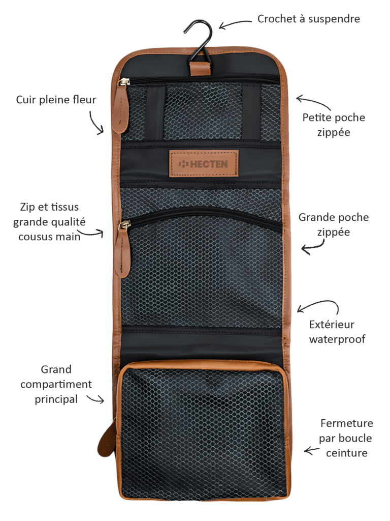 Trousse de toilette pliable à suspendre en cuir marron présentation fléchée