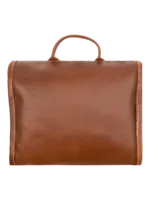 Bolsa dobrável para produtos de higiene pessoal em couro castanho, dobrada, vista traseira Bolsa dobrável para produtos de higiene pessoal em couro castanho, dobrada, vista traseira