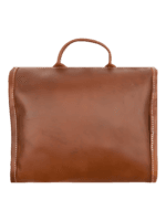Foldable brown leather toiletry bag, folded, rear view Foldable brown leather toiletry bag, folded, rear view