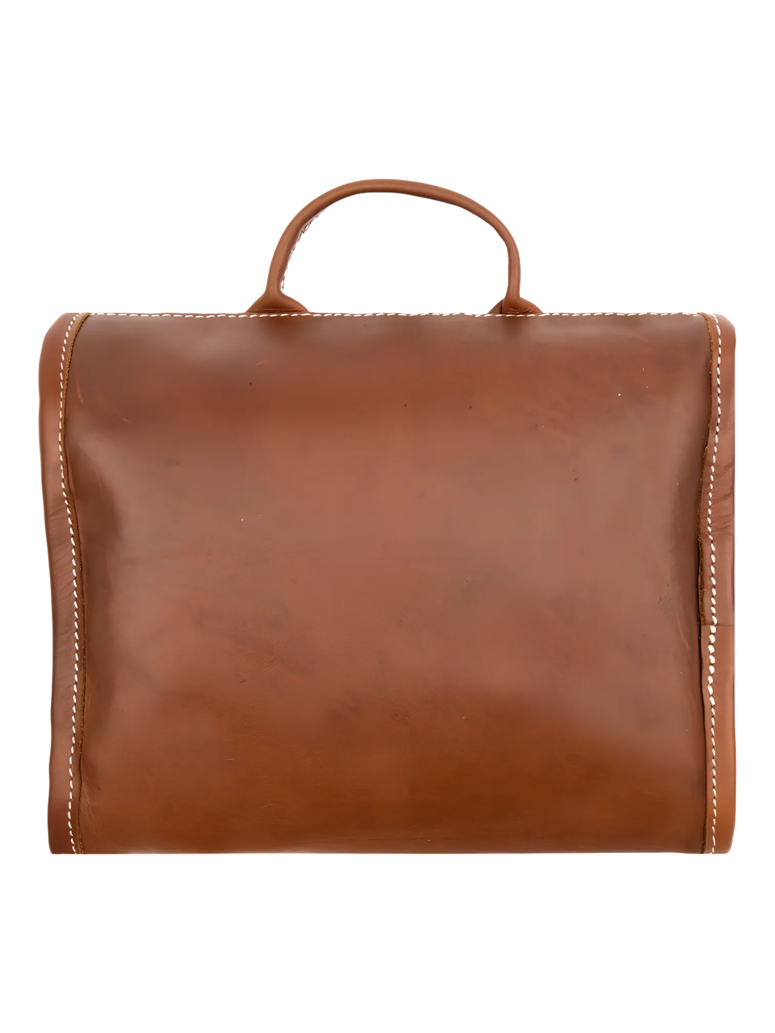 Trousse de toilette pliable à suspendre en cuir marron repliée vue arrière