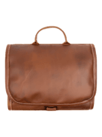 Trousse de toilette pliable à suspendre en cuir marron repliée vue avant Trousse de toilette pliable à suspendre en cuir marron repliée vue avant