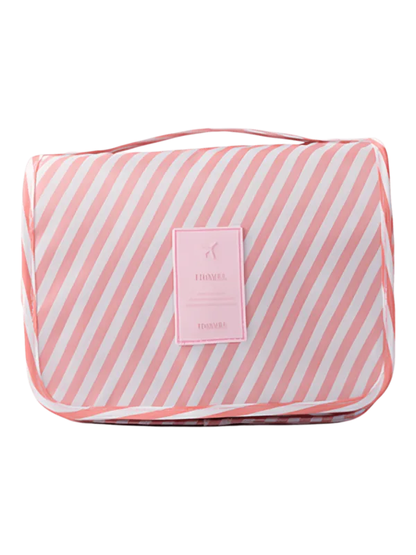 Trousses de toilette roses pour fille pliables facile à suspendre modèle Candy rayé bandes roses blanches