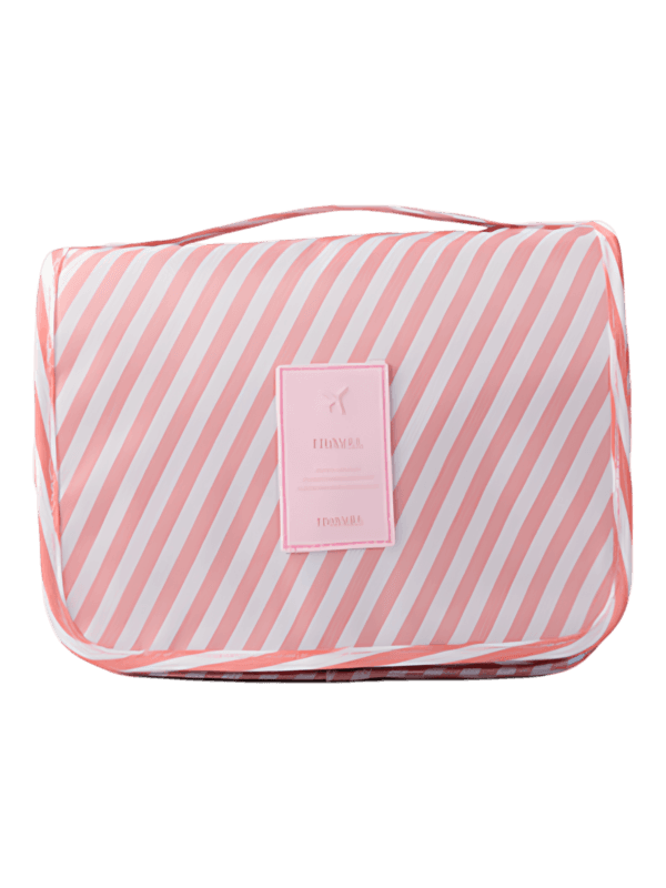 Faltbare und einfach aufzuhängende Hygienebeutel für Mädchen. Bunte Streifen. Rosa und weiße Streifen