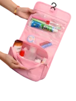 Rosa hopfällbar necessär för flickor, lätt att hänga upp, med flera fack Rosa hopfällbar necessär för flickor, lätt att hänga upp, med flera fack
