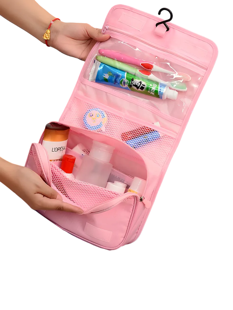 Faltbare rosa Kulturtasche für Mädchen, einfach zum Aufhängen, mit mehreren Fächern