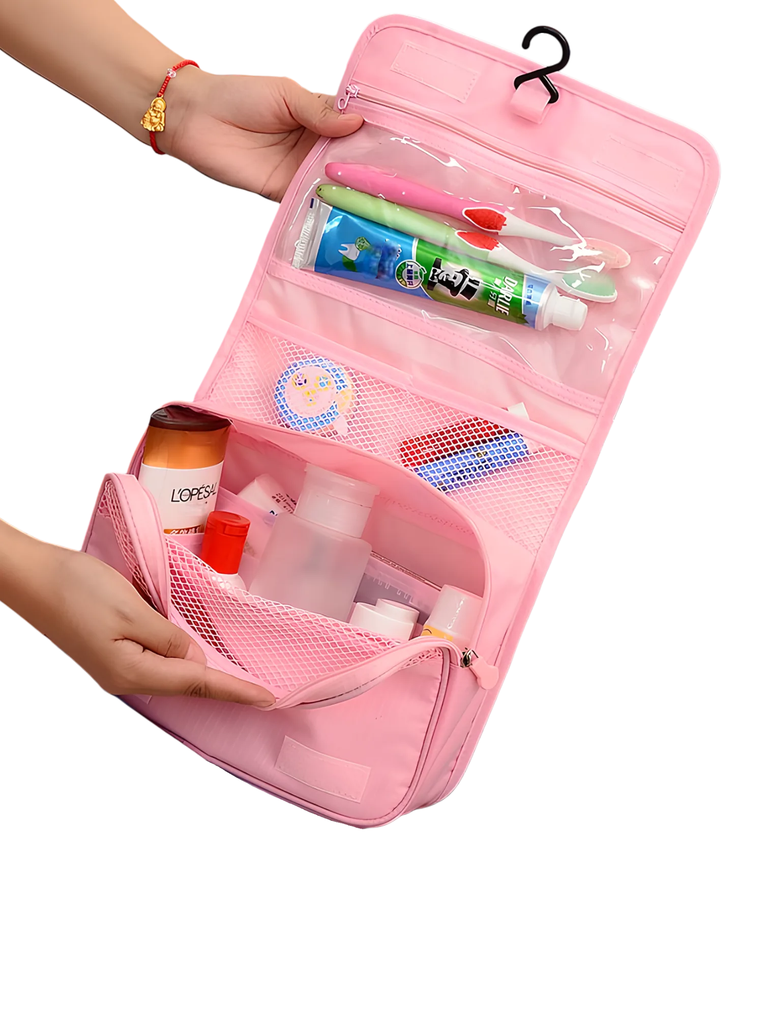 Faltbare rosa Kulturtasche für Mädchen, einfach zum Aufhängen, mit mehreren Fächern