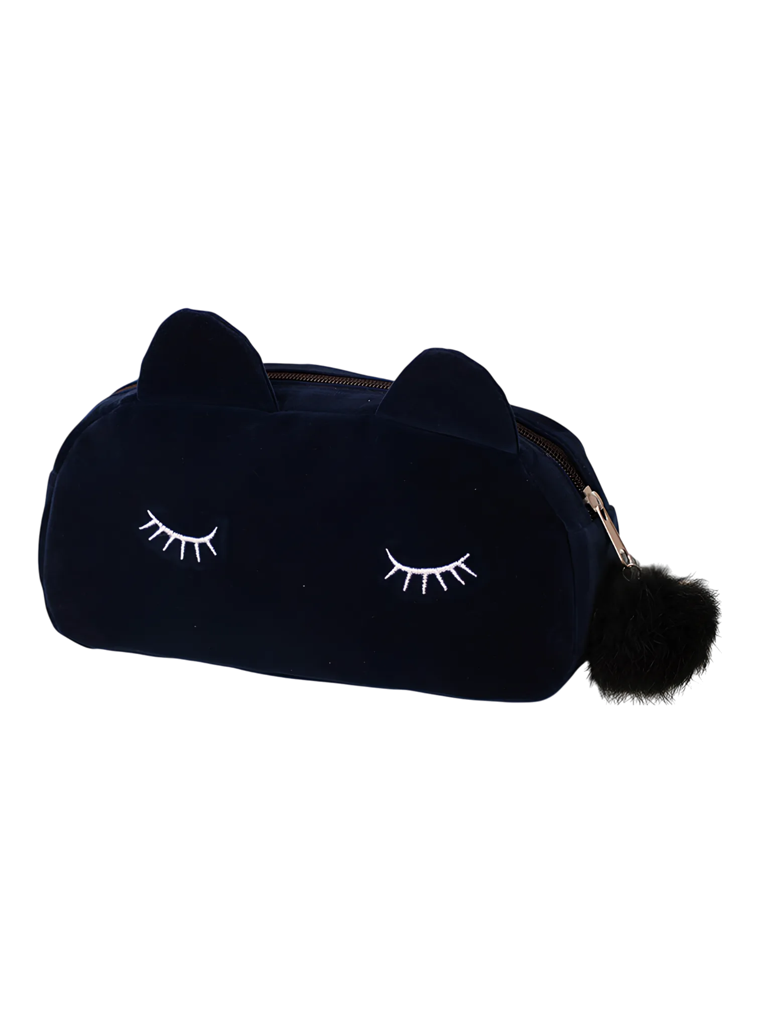 Petite trousse de maquillage chat, toilette, en velours, couleurs unies bleu nuit